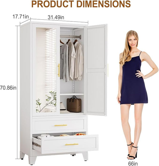 Metal Armoire Wardrobe Closet Storage Cabinet with 2 Doors White, 71'' Wardrobe with Hanging Rod Metal Closet with Adjustable Shelf and 2 Drawers, Freestanding Storage Cabinet for Bedroom