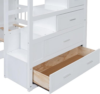 Merax Full Over Twin Bunk Bed with Wardrobe and Drawers, White