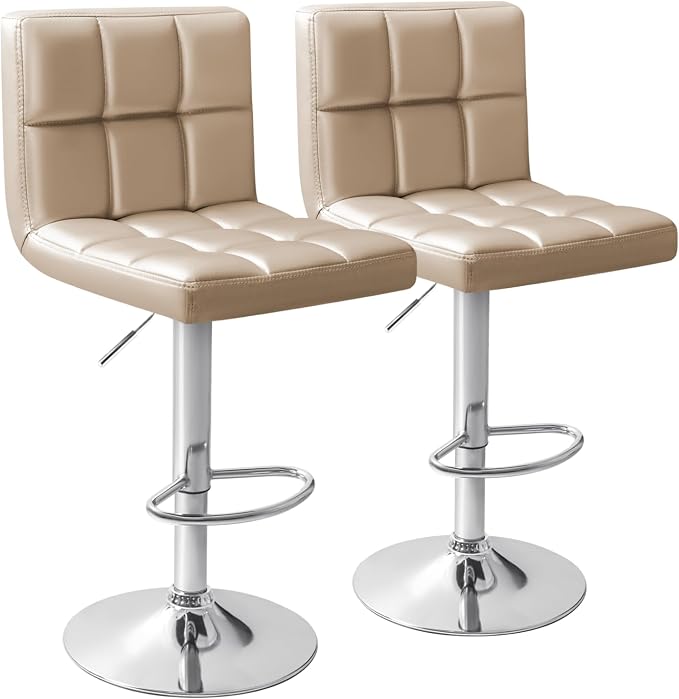 Homall Bar Stools Modern PU Leather Adjustable Swivel Barstools, Armless Hydraulic Kitchen Counter Bar Stool Extra Height Square Island Barstool with Back Set of 2 (Khaki)