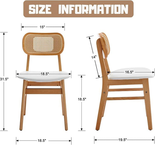 ROCITY Rattan Dining Chairs Set of 2 White Faux Leather Dining Room Chairs Natural Wooden Kitchen Chairs Farmhouse Side Chairs