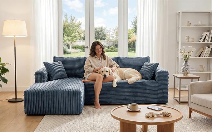 108" Modular Sectional Sofa, L-Shaped Cloud Couch with Deep Seats & Chaise, Convertible Corduroy Boneless Couches for Living Room, Bedroom, No Need Assembly - Blue(Left Facing Chaise)