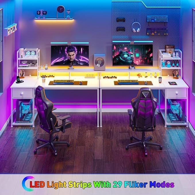 EnHomee 44" Small White Gaming Desk with Hutch & Shelves for Teen Gamer | Dual Monitor Stand for Posture, Built-in Power Strip, Music-sync RGB Lights, Sturdy Steel Frame, Fabric Drawer, Easy Assembly