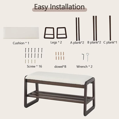 Achicsofar Shoe Rack Bench,2 Tier Solid Wooden Entryway Bench with Shoe Storage, Shoe Rack with Cushion for Living Room, Hallway(Cream White, 31.5")