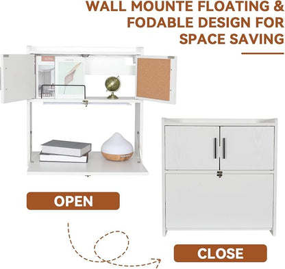 ARTETHYS Wall Mounted Desk Folding with Light Drop Down Hanging Desk | Multifunctional Fold Down Laptop Computer Table, Writing Workstation with Storage Compartments, Space Saving for Home Office
