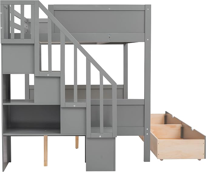 MERITLINE Twin Over Full Bunk Bed with Stairs, Storage Shelves and Drawers, Solid Wood Bunk Bed Frame with Storage, for Teens Adults (Grey)