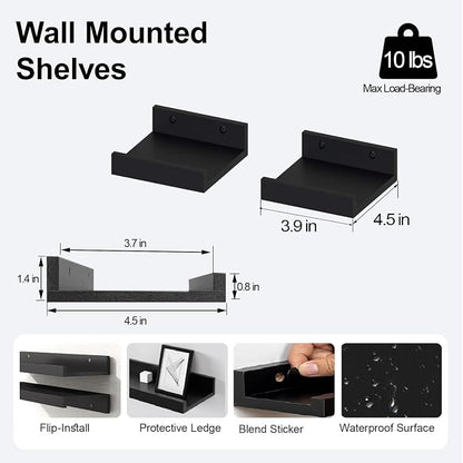 Small Black Floating Shelves for Wall Decor, Wall Mounted Wood Shelf for Bedroom, Living Room, Bathroom, Kitchen, Nursery, Mini Display Ledge Shelf with Lip Set of 2-4 Inches, Black