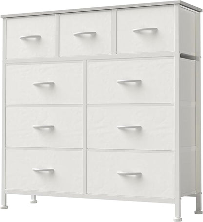 DUMOS 9 Drawer Dresser for Bedroom, Storage Organizer Chest of Drawers | Fabric Bins Storage Tower with Sturdy Metal Frame, Wood Tabletop for Closet, White