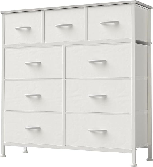 DUMOS 9 Drawer Dresser for Bedroom, Storage Organizer Chest of Drawers | Fabric Bins Storage Tower with Sturdy Metal Frame, Wood Tabletop for Closet, White