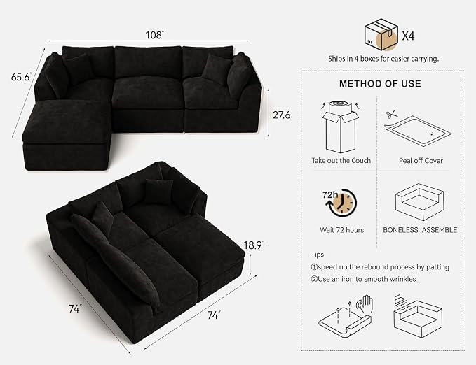 Cloud Sectional Couches for Living Room | 108 Inch L-Shaped Boneless Couch with Ottoman | Black Modular Sectionals Sofa Couch