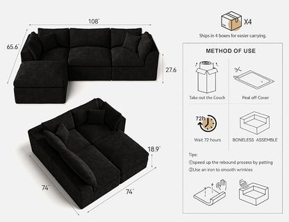 Cloud Sectional Couches for Living Room | 108 Inch L-Shaped Boneless Couch with Ottoman | Black Modular Sectionals Sofa Couch