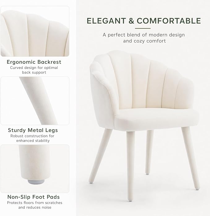 Hyfirm Velvet Dining Chairs Set of 4, Upholstered Modern Kitchen Dining Chairs with Petal Back & Fabric Covered Wooden Legs, Comfy Accent Armchairs for Bedroom/Kitchen/Vanity, Cream