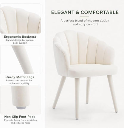 Hyfirm Velvet Dining Chairs Set of 4, Upholstered Modern Kitchen Dining Chairs with Petal Back & Fabric Covered Wooden Legs, Comfy Accent Armchairs for Bedroom/Kitchen/Vanity, Cream