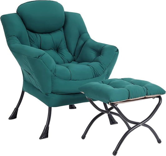 Lazy Chair with Ottoman, Modern Accent Chair Contemporary Sofa Chair with Armrests, Reading Chair and Folding Footstool Set for Living Room, Bedroom, Office