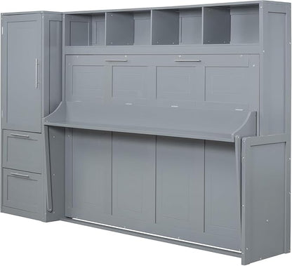 Virubi Full Murphy Bed with Wardrobe Closet,2 Drawer,4 Storage Open Shelves,Wood Folding Murphy Wall Bed Cabinet with Storage, Easy Assembly (Grey,Queen)
