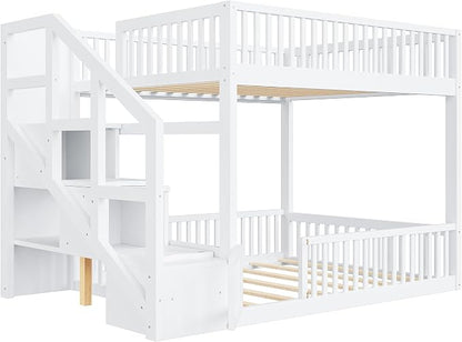 Full Over Full Floor Bunk Bed with Storage Ladder and Guardrails,for Kids Teens Adults (White#FF, Full Over Full)