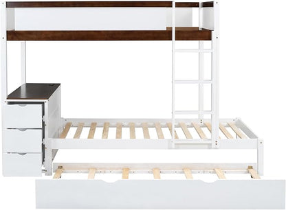 Ball & Cast Twin-Over-Twin Bunk Bed with Twin Size Trundle,Solid Wood Bedframe W/Desk & Drawers,USB,Space Saving,Easy Assembly,Multifunctional Bedroom Furniture Set for Boys Girls Teens,White+Walnut