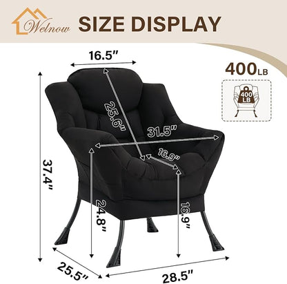 Welnow Black Single Lazy Chair for Living Room, Modern Reading Accent Chair with Armrests and a Side Pocket, Leisure Lazy Sofa Chair for Small Space, Bedroom, Dorm