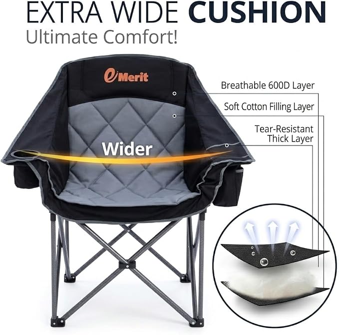 EMERIT Oversized Padded Camping Chairs, Heavy Duty 450 LBS Capacity Outdoor Folding Quad Chair with Cup Holder, Portable for Camping, Tailgating, Sports, Backyard & Patio, Black