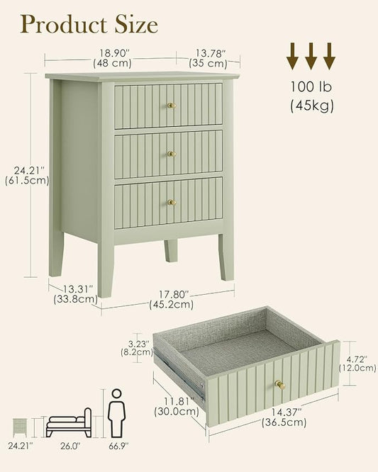Fluted Nightstand, Farmhouse Night Stand with 3 Drawers, Mid Century Modern Side Accent Table,Bedside End Table for Bedroom, Living Room, Pale Green