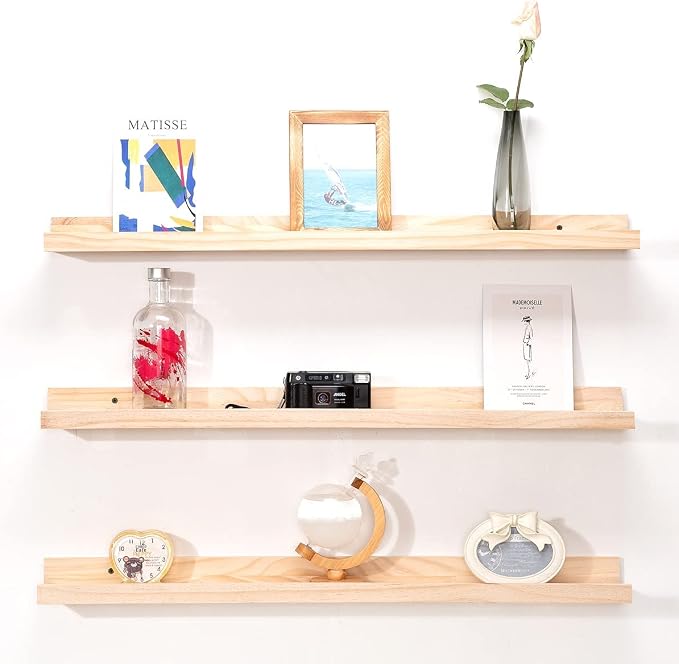 MBYD 48 Inch Floating Shelves Natural Wood, Wall Mount Picture Ledge Wooden Wall Shelf for Bedroom, Living Room, Office, Kitchen, Nursery Shelves Set of 3 Same Dimensions