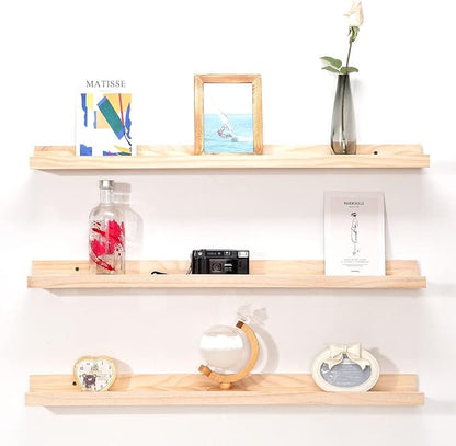 MBYD 48 Inch Floating Shelves Natural Wood, Wall Mount Picture Ledge Wooden Wall Shelf for Bedroom, Living Room, Office, Kitchen, Nursery Shelves Set of 3 Same Dimensions