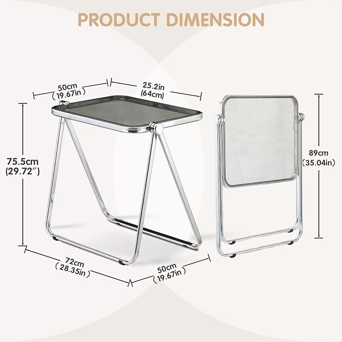 Acrylic Folding Table - Modern TV Tray Dinner Table for Eating on Couch - Small Folding Table Foldable Computer Desks Space-Saving with Chrome Frame No Assembly Required -Gray