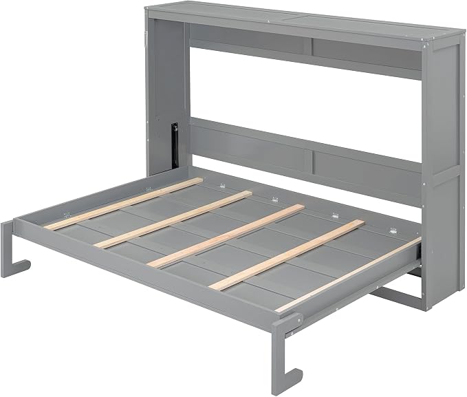 Ball & Cast Full Size Murphy Bed,Hideaway Beds with Dual Piston Metal Folding Mechanism Designed,Wood Wall Cabinets Bedframe w/Slat Support and Storage Platform Top,Hardware Chain,for Apartment,Gray