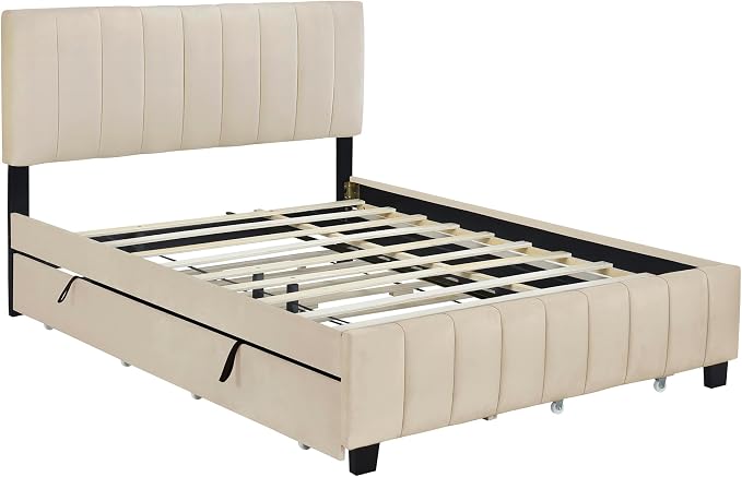 Bellemave Queen Bed Frame with Trundle Bed,Velvet Upholstered Platform Bed Frame with Storage Drawers,Queen Size Trundle Bed with Headboard for Kids Teens Adults,Beige