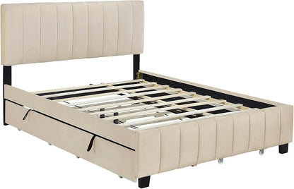 Bellemave Queen Bed Frame with Trundle Bed,Velvet Upholstered Platform Bed Frame with Storage Drawers,Queen Size Trundle Bed with Headboard for Kids Teens Adults,Beige