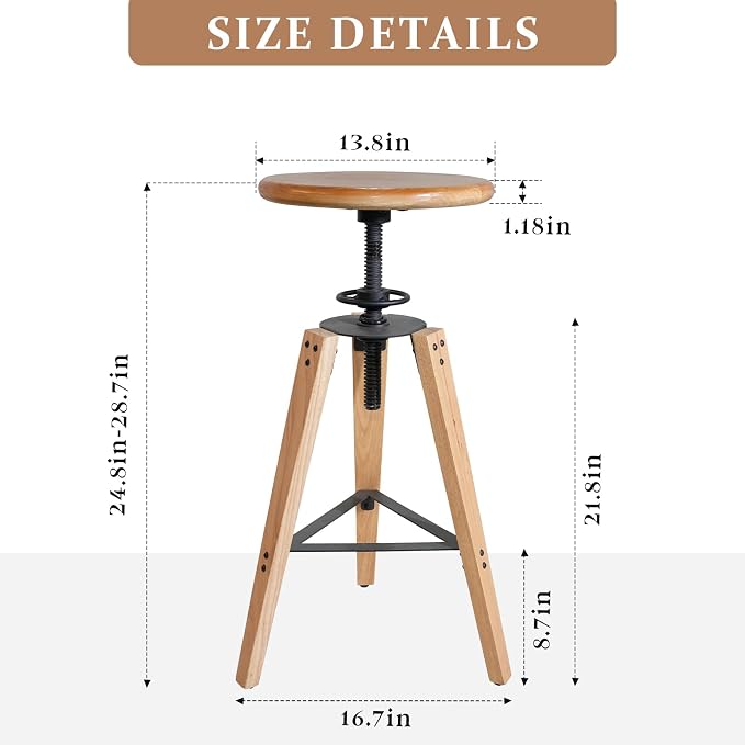 4-Piece Adjustable Height Swivel Bar Stool - Industrial Rustic Style, Solid Oak Wood Seat and Frame, 24.8"-28.7", Natural Finish, Anti-Slip Pads - Perfect for Kitchen, Bar, Counter, Home - Heavy Duty