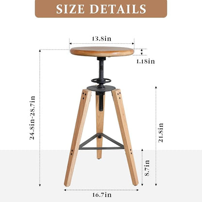 LOKKHAN Adjustable Height Swivel Bar Stool - Industrial Rustic Style, Solid Oak Wood Seat and Frame, 24.8"-28.7", Natural Finish, Anti-Slip Pads - Perfect for Kitchen, Bar, Counter, Home - Heavy Duty