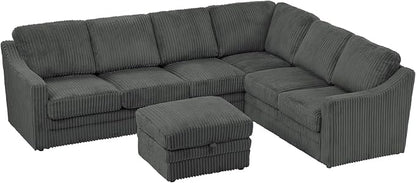 115" Corduroy Sectional Sofa with Storage Ottoman, Modern 7 Seats Corner Couch with Deep Seats, Comfy Modular U Shaped Couch with Comfortable Cushions for Living Room, Grey