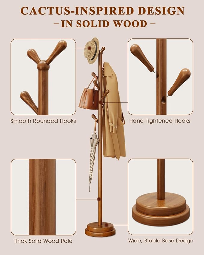 Freestanding Coat Rack, Solid Wood Coat Tree with 8 Smooth Rounded Hooks, Adjustable Height Heavy Duty Coat Rack with Dual-Layer Base, Holds Coats Hats Bags for Entryway, Bedroom, Living Room
