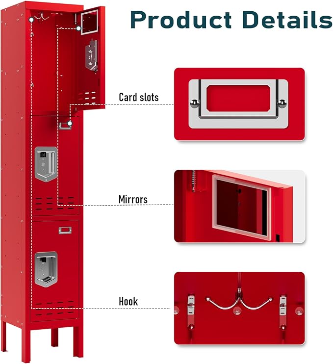 BUTISOW Metal Lockers - 66" Height Steel Lockers for Employees with 3 Door Storage Locker with Card Slot for Employees Gym School Home Office Garage - Assembly Required