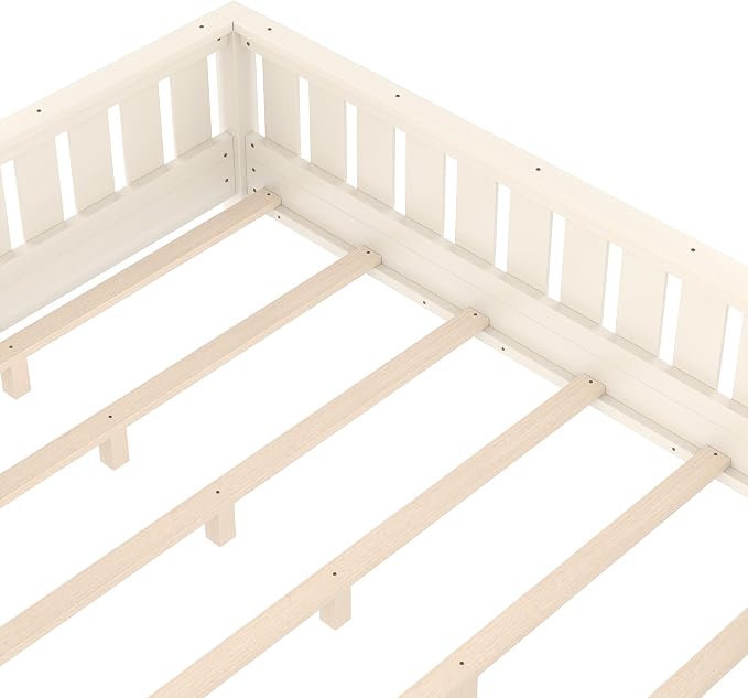 Bellemave Beige Light Natural Montessori Floor Bed with Fence and Slats, Queen Size Montessori Floor Bed with Bookcase and High Rails, Easy Assemble Bed Frame for Girls, Boys, Queen