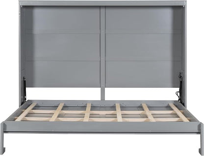 Ball & Cast Queen Size Murphy Bed with Charging Station and Slat Support,Wood Hideaway Cabinet Platform Beds w/Leg & Lock,can be Folded,Space-Saving,for Small Room,Dorms,Gray