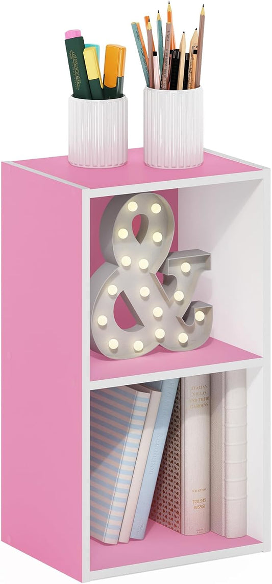 Furinno PASIR Book Shelf, 2-Tier Modern Bookshelf, Open Shelves Bookcase 9 x 12 x 21, Easy Assembly, for Living Room, Bedroom, Home Office, Pink/White