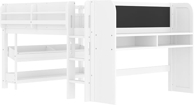 Bellemave Full Size Low loft Bed with Desk and bookcases, Boxes and Drawers for Kids,Wood Modern Farmhouse Kids Loft Beds with Shelf, White