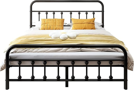 Vengarus King Metal Bed Frame with Victorian Headboard & Footboard, Black | 14" King Metal Platform Frame, Heavy Duty Steel Slat Support, Noise Free, No Box Spring Needed, Easy Disassembly & Transport