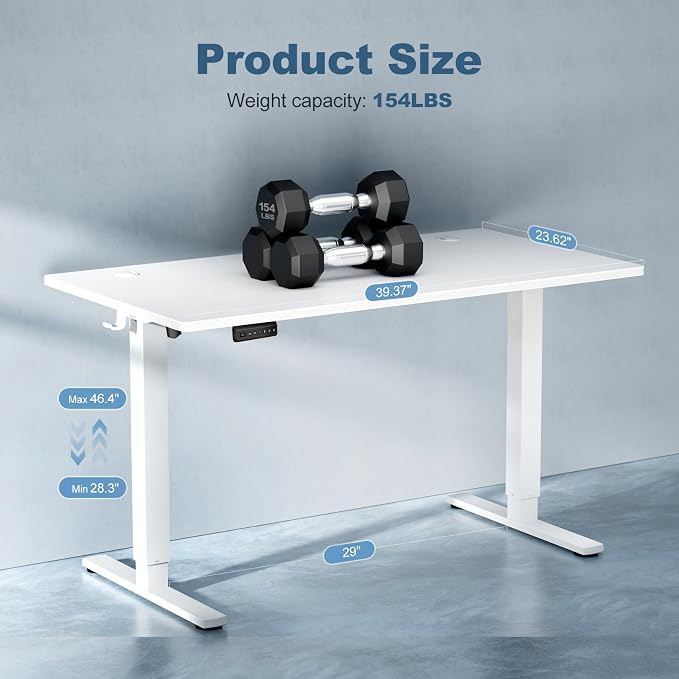 DUMOS 40 Inch Electric Standing Desk Height Adjustable, Sit to Stand Up Computer Workstations Work PC Table Home Office Study Writing Gaming Desks with Memory Presets for Walking Pad, Bedroom, White