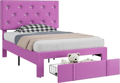 VECELO Twin Size Bed Frame with Storage Drawers, Leather Upholstered with Diamond Tufted Headboard, Solid Wood Slat Support, No Box Spring Needed, PU & Purple