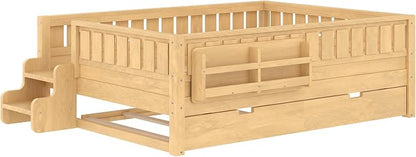 Bellemave Full Size Kids Bed with high Rails and with Built-in Bookshelf and Trundle for Kids, Girls, Boys, Wood Montessori Bed Without Door, Light Natural