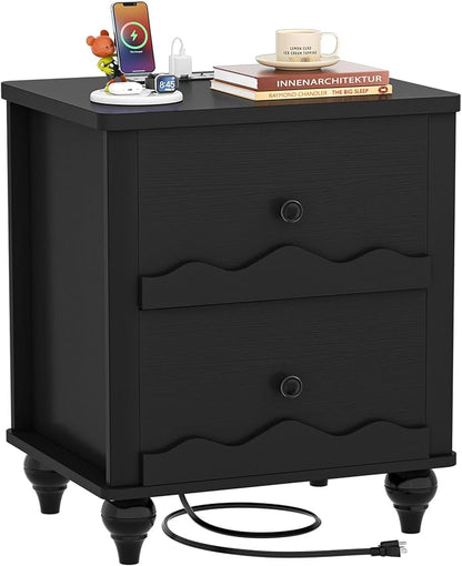 Cyclysio Black Nightstand with Charging Station, Scalloped Bedside Table with 2 Smooth Drawers, Modern End Table with Solid Wood Legs for Bedroom and Small Spaces