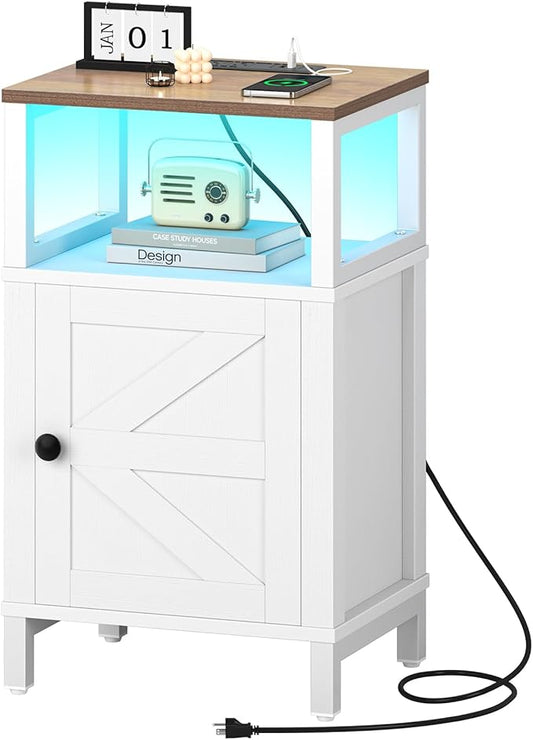 Yoobure Farmhouse NightStand with Charging Station，Wood Night Stand End Table with USB Ports, LED Bed Side Table with Storage Cabinet，Bedside Table for Bedroom, Living Room White