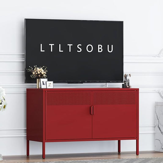 Metal Storage Locker Cabinet with 2 Doors & Adjustable Shelves, 25" Red Accent Furniture, Multipurpose Office or TV Stand for Home Entryway,Living Room