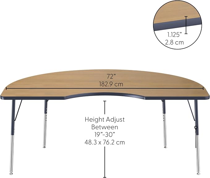 FDP Kidney (48 x 72 inch) Collaborative Classroom Table with Adjustable Standard Swivel Glide Legs (19-30 in); School and Office Furniture - Pasadena Oak Top/Navy Edge and Legs