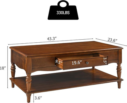 Rectangle Coffee Table with Drawers for Living Room, Solid Wood Coffee Table with Storage Shelf, Mid Century Modern Cherry Wood Coffee Tables, Large Countertop Center Table, Cherry Walnut KFZ-C008-DR