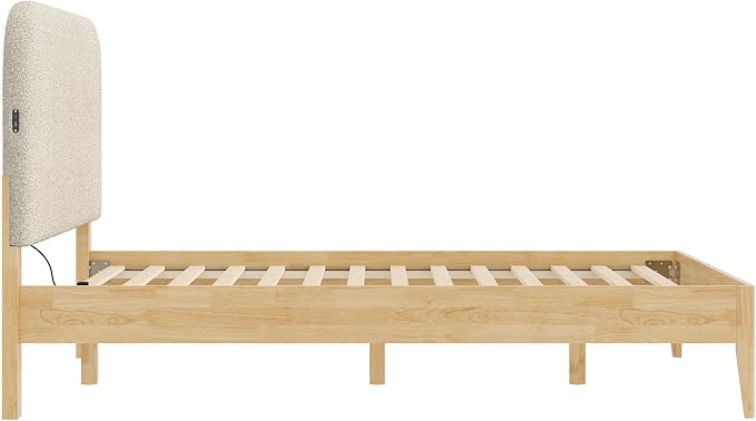 KISLOT Wood Bed Frame with USB & Type-C Charging, Boucle Platform Bed with Upholstered Headboard Mattress Foundation No Box Spring Needed Easy Assembly