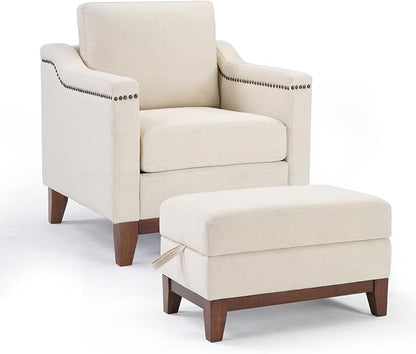 HAOMARKETS 2 Piece Fabric Sofa Set with Nailhead Trim, Included Comfy Accent Chair with Thicked Cushion and Upholstered Storage Ottoman with Flip-Top Table, Living Room Furniture Set,Beige