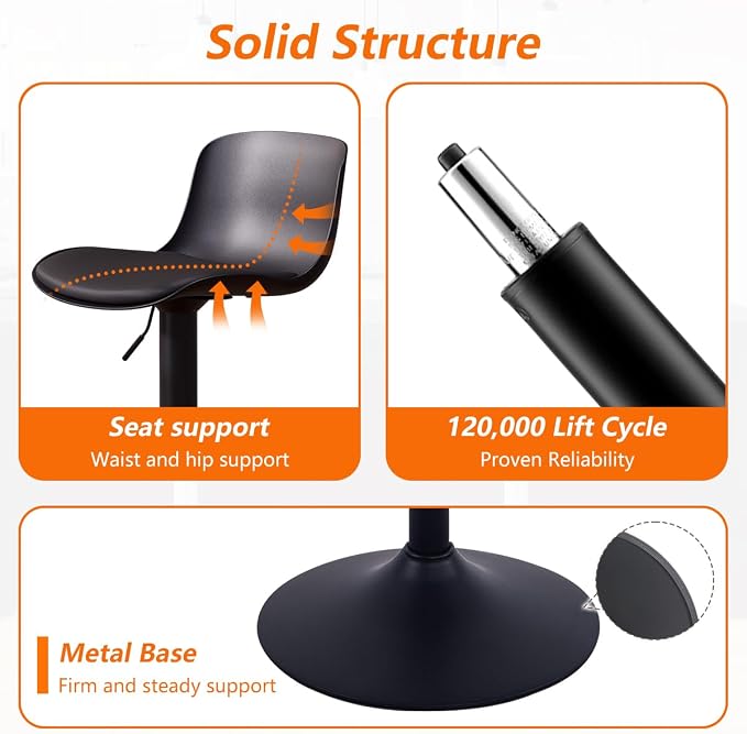 Kidol & Shellder Bar Stools Set of 6 Adjustable Counter Height Barstools Modern PU Leather Swivel Tall Bar Chairs Upholstered Bar Stool with Back for Kitchen Island（Black ）